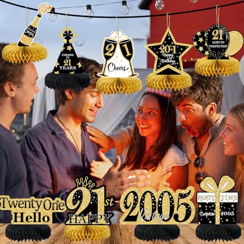 Image of 9Pcs Black Gold 21st Birthday Decorations Honeycomb Centerpieces for Girls,Happy 21st Birthday Centerpieces Tables Toppers Party Decorations Supplies,Vintage 2005 Aged Table Sign Decor