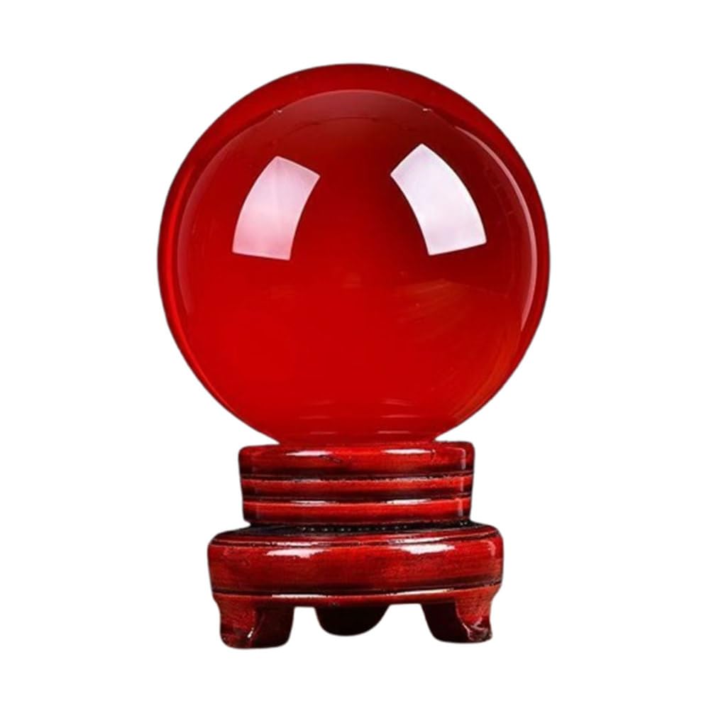 QWZTAEOZA Red Crystal Ball Photography Props FengShui Divination Spheres Decorative Glass Home Decorations Paperweight Ornaments Feng Shui with Wooden Stand,12cm