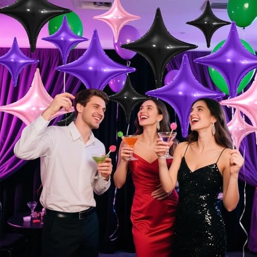 Image of Black Purple Star Balloons,12Pcs Four Angle Star Foil Balloons