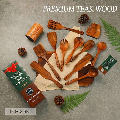 12-Piece Premium Teak Wood Utensil Collection with Holder & Rest - Nonstick Cooking Tools, Heat-Resistant Spoons and Spurtles - Image 2