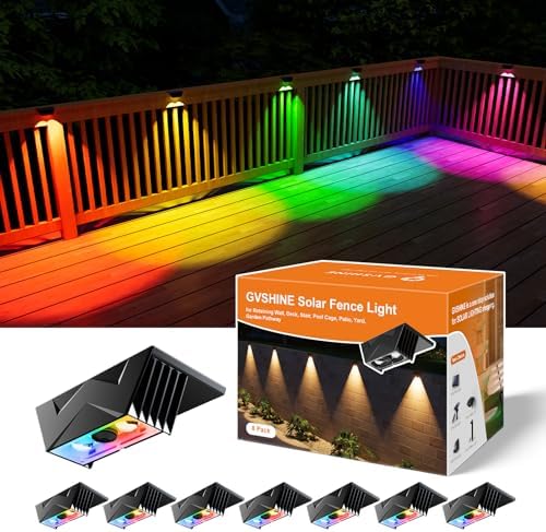 8 Pack Color Change Solar Fence Lights Outdoor for Deck, Railing, Stair, Retaining Wall, Waterproof Led Accent RGB Lamp Decorative Lighting with Spot Len for Patio, House, Pool Cage, Garden, Yard