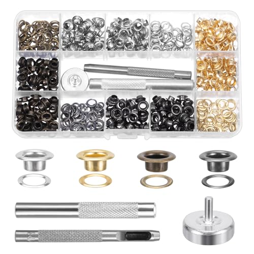 MumdoYAL 400 PCS ösen set, vier Farben, Innendurchmesser 5mm, aus Kupfer, inklusive Lochwerkzeug, Montagewerkzeug, Basis, geeignet für Schuhe, Lederwaren, Kleidung, DIY Handwerksprojekte usw