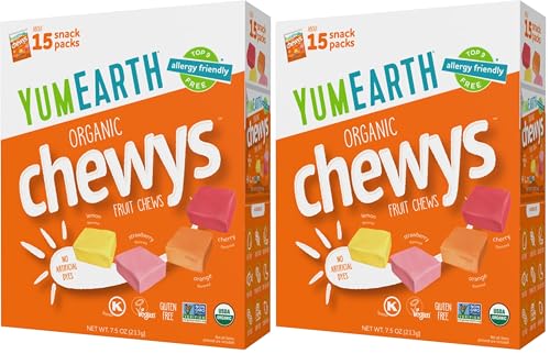 Image of YumEarth Organic Chewys Fruit Flavored Candy Chews - Allergy Friendly, Gluten Free, Non-GMO, Vegan, No Artificial Dyes - Assorted Flavors, 7.5 oz. (Pack of 2)
