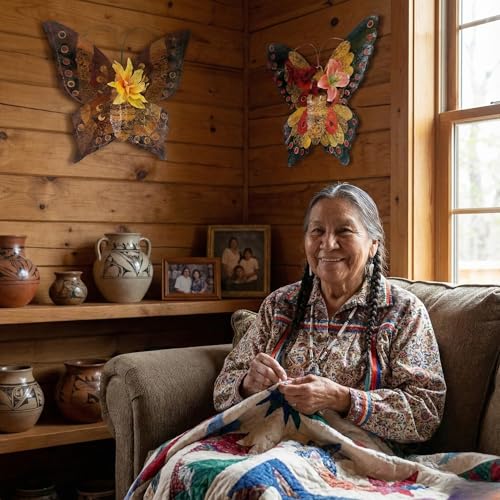 “Winged Metamorphosis” Butterfly Statue – Handcrafted Bamboo Shoot Shell &amp; Woven Bamboo for Wall, with Floral Niche, Set of 2