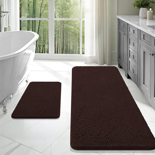 Image of OLANLY Bathroom Rugs Sets 2 Piece, Soft Absorbent Chenille Bath Mats Area Rug Set, Non-Slip, Quick Dry, Machine Washable Bath Mats for Bathroom, Home Decor Accessories (47 inchx20 inch+24 inchx16 inch, Brown)