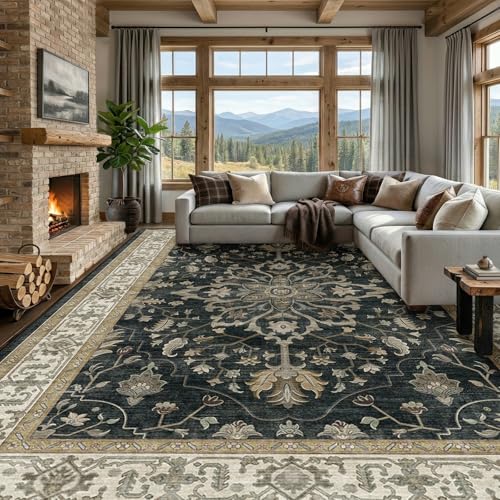 RELEANY Area Rugs 9'x12' Washable Non-Slip, Floral Vintage Distress Print
