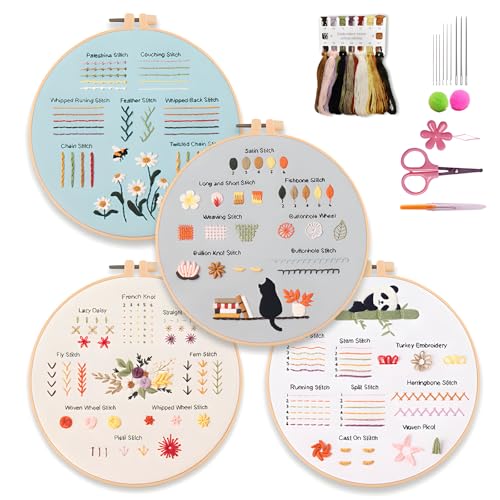 4 Pack Embroidery Kit for Beginners Adults DIY Starter Kit with Stamped Patterns,Embroidery Hoop,Colorful Threads,Tools,Step by Step Instructions&Video Tutorial,Needlepoint Kits,Hand Craft Lover Gift