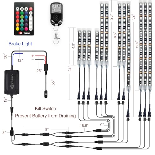 Image of DITRIO 12pcs Underglow RGB LED Strip Light Kit DC 12V with 2 Red Blinking Brake Light Styles for Motorcycles Trikes Golf Carts ATVs UTVs - M12r