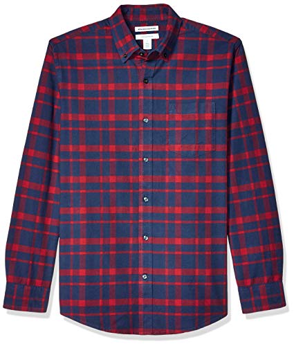 Amazon Essentials Men's Regular-Fit Plaid Long-Sleeve Pocket Oxford Shirt, Navy Windowpane, Medium