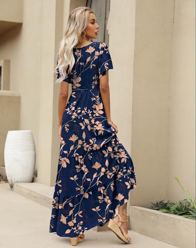 Image of Kranda Women Summer Dress Round Neck Flutter Short Sleeve Smocked Ruffle Tiered Floral Maxi Dress 2024