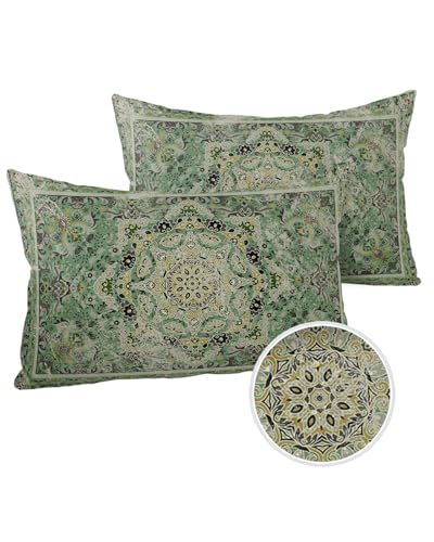 Retro Green Floral Outdoor Pillow Cover 12x20 Inch Cushion Sham Case,Waterproof Decorative Lumbar Throw Pillowcase for Outside Garden Patio Porch Couch Chair Rustic Tribal Ethnic Bohemian Farmhouse