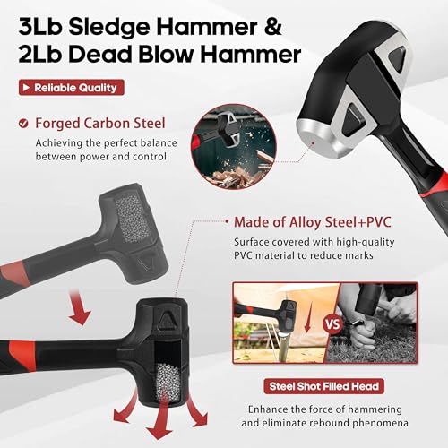 YIYITOOLS 4-Piece Hammer Set - 2LB Dead Blow, 24oz Ball Peen, 20oz Claw, 3LB Sledgehammer - One-Piece Carbon Steel Forging, Ergonomic Anti-Slip Rubber Grips for Garages, Repair Shops, and DIY - Thumbnail 3