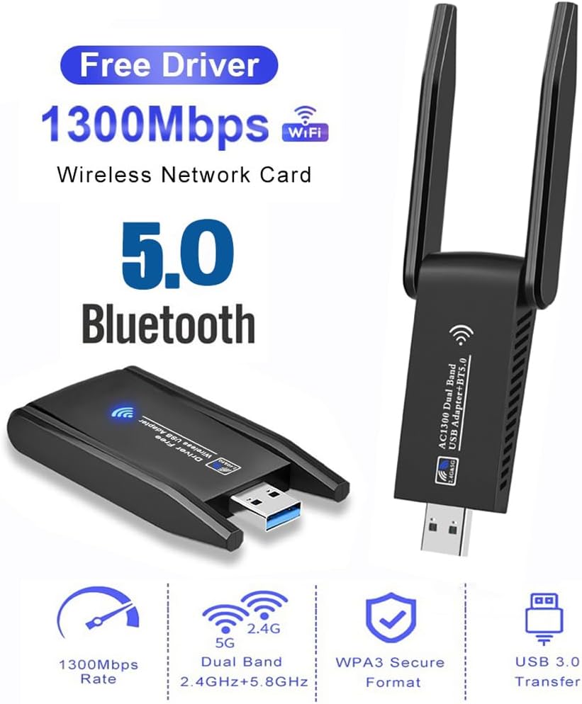 AC1300 Dual Band WiFi Wireless Network Card + BT 5.0 Adapter USB 3.0 1300M 802.11ac Adapter Bluetooth 5.0 with Antenna for Laptop PC 2.4GHz + 5.8GHz Mini Dongle