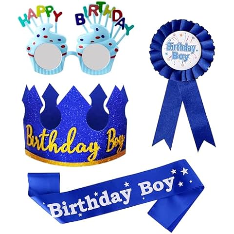 YumSur Birthday Hat Set for Boys, Birthday King Crown Sash Button Pins, Birthday Party Accessory Dress Up Set for Him Cover