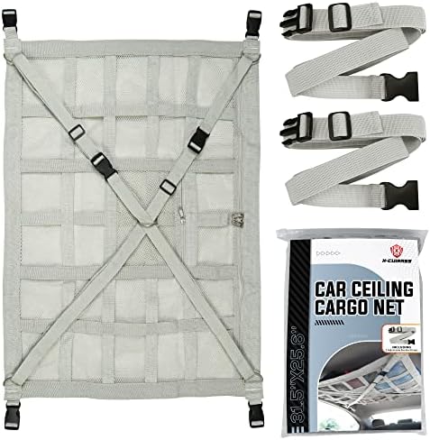 X-CUIRASS Premium Car Ceiling Cargo Net Pocket 31.5"x21.6" with Two Additional Buckle Straps, Car Camping Essentials Accessories for Pickup Truck, Jeep, SUV, Sag Resistant Car Roof Storage Net (Gray)