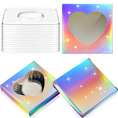 50 Set False Eyelash Packaging Box, Include 50 Empty Eyelash Case Glitter Paper Heart Shape Plastic Eyelash Storage Box False Lash Holder Storage Box with 50 Lash Tray, 50 Glitter Paper (Holographic)
