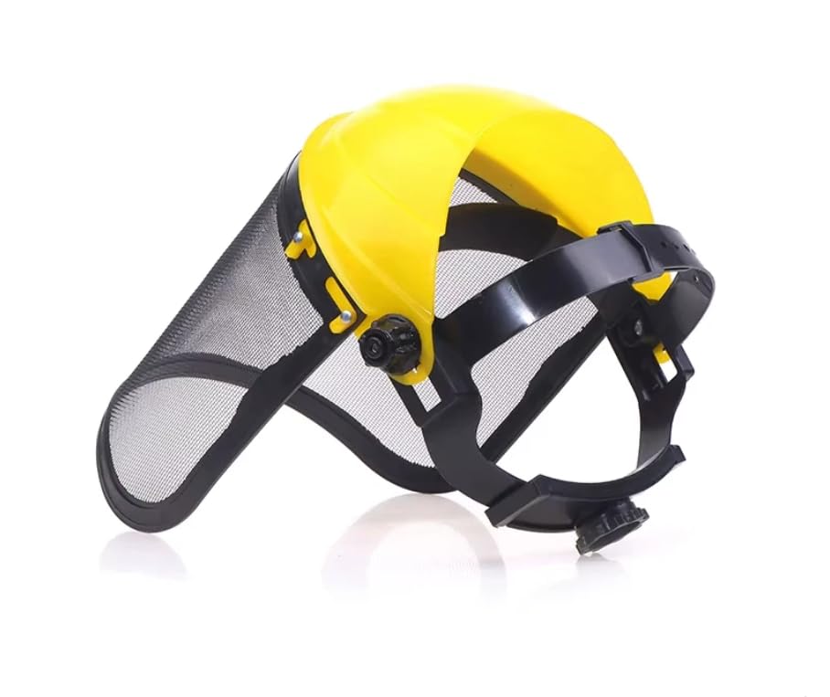 Generico Visiera Protettiva con Schermo in Rete d'Acciaio, Gialla e Nera, Regolabile, Calotta con Visiera Protettiva Maschera Decespugliatore, Visiera da Lavoro