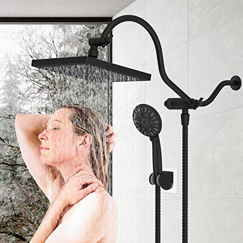 Hibbent 8 Inch High Pressure Rainfall Shower Head/Handheld Showerhead Combo With 12 Inch Adjustable Curved Shower Extension Arm,7-Spray,71-Inch Hose Adhesive Showerhead Holder,Oil-Rubbed Bronze #TOP6