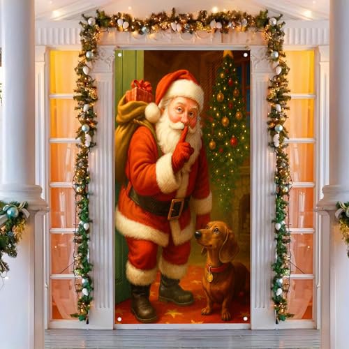 Image of BlissYard Christmas Door Cover Santa Dachshund 35x71 Inch Polyester