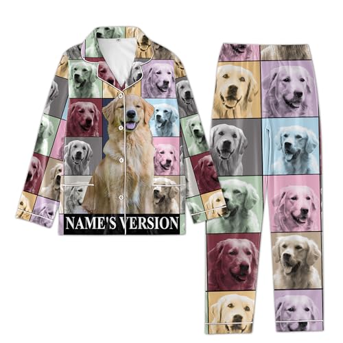 Personalized Pajama Set For Dog Lovers, Custom Pet Face Photo Printed Pajamas Long Sleeve Button Down, Custom Pet Name's Version2
