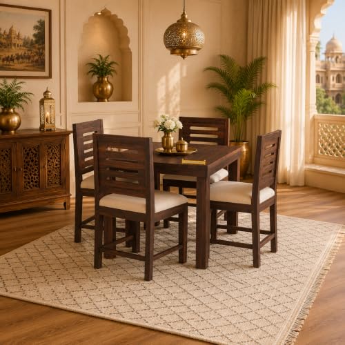 Image of Dining Table 4 Seater with Chairs | Sheesham Wooden Four Seater Dinning Table with Cushioned Chairs for Restaurant | Dinner Table 4 Seater | Dining Room Set