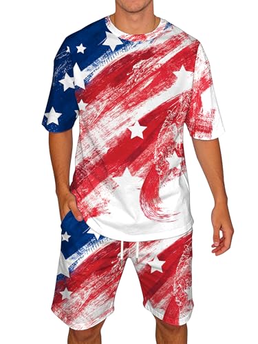 Image of Ithalt Patriotic Shirts for Men 4th of July Outfit 2 Piece Set Short Sleeve and Shorts American Flag 250th Anniversary