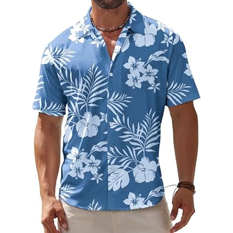 BOJIN Men's Hawaiian Wrinkle Free Short Sleeve Button Down Tropical Floral Beach Vacation Shirt White Flower Blue 2X Cover