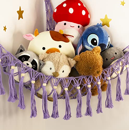 Image of Stuffed Animal Hammock Corner with LED Light - Toy Storage Hammock Plushie Net Organizer - Teddy Bear Stuffy Hammock - Purple Nursery Decor Baby Kids Bedroom Nursery Furniture