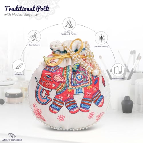 Image of Women Potli Bags | Zari Embroidered Silk With Drawstring | Traditional Return Gifts for Mehandi, Haldi, Baby Shower, Wedding, Sangeet, Seemantham