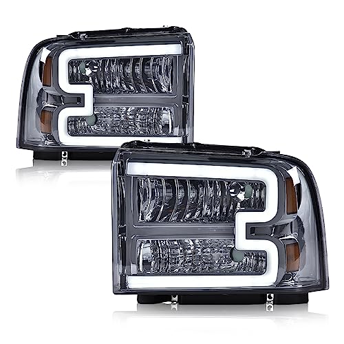 Image of GRAND ORANGE LED DRL Headlights, Compatible with Ford F250 F350 F450 F550 Super Duty 2005-2007, Fit Ford Excursion 2005, Left Driver & Right Passenger, Smoky Lens Chrome Housing Amber Reflector