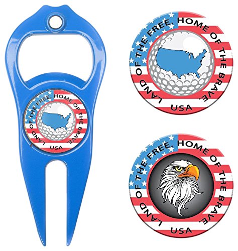 Hat Trick Openers 6-in-1 Golf Divot Tool & Poker Chip Marker Set with USA Logo, Royal