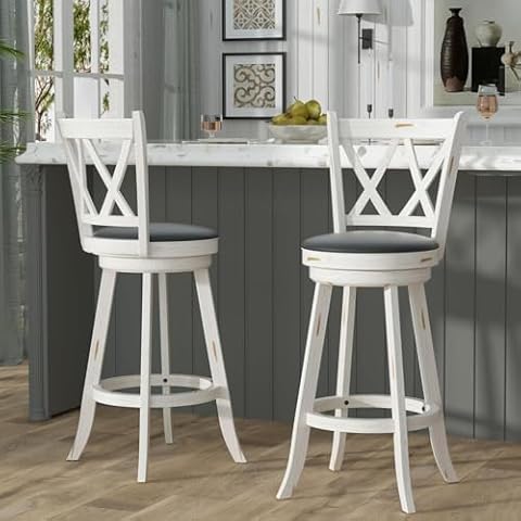 Betterhood 29" Bar Height Swivel Stools - High Back Swivel Barstools with Upholstered Seat & Solid Wood Footrest, Counter Bar Chairs for Kitchen Island & Pub (Antique White, Set of 2) Cover