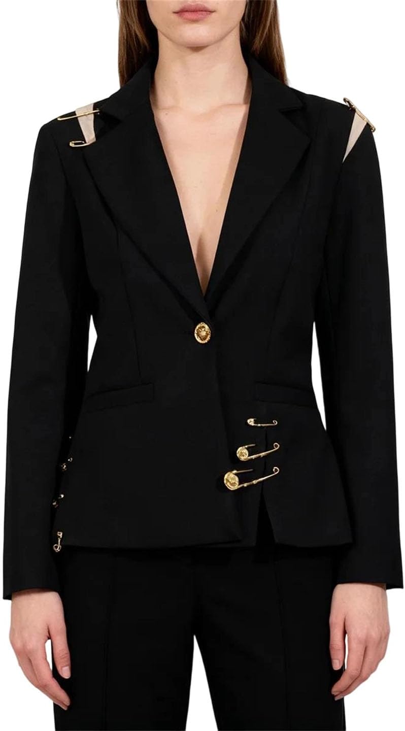 Women's Slimming Spliced Safety Pin Blazer Lapel Mesh Patchwork Tunic