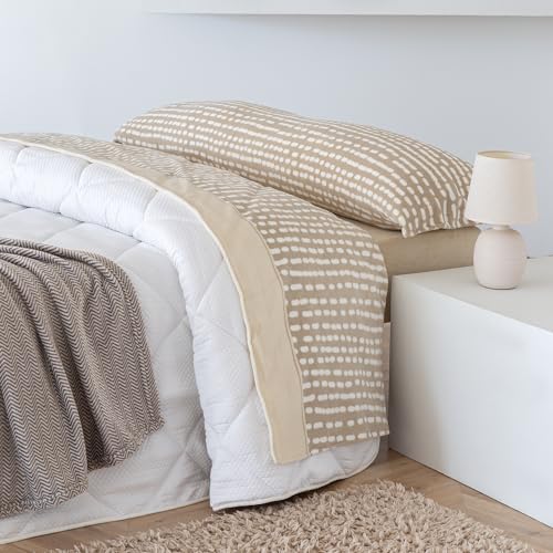 B BARCELOHOGAR Juego Sábanas CORALINA Maui, Térmica Invierno 4 Pcs 225 gr/m². Cama 200 Incluye Encimera (290x270 cm), Bajera Ajustable (200x200 cm) y 2 Fundas Almohada (46x110 cm). Color: Beige
