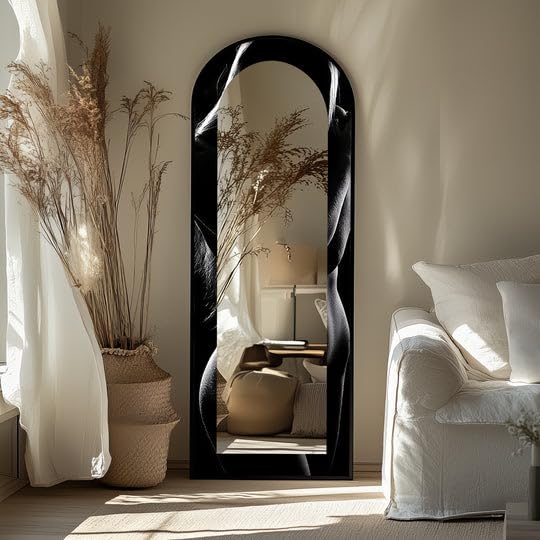 Shadow Curve - Specchio da pavimento con contorno nero opaco, lunghezza completa, con cornice nera e cornice nera