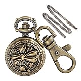 Tiong Retro Dragonfly Pierced Men's Quartz Pocket Watch Keychain, Portable Round Watch with Chain and Arabic Numerals