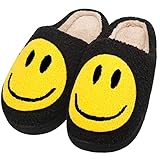 Smile Face Slippers for Women and Men, Retro Comfy Warm Soft Fuzzy Plush Slip-On House Shoes Funny Cute Happy Smile Home Winter Pillow Cloud Foam Fluffy Slipper for Indoor Outdoor,Black Size 11 12