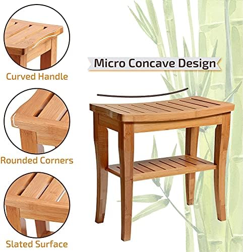 2 Tier Slatted Premium Natural Bamboo Wood Bathroom Stool Bench Shower Seat Shoe Rack Shelf Organizer Slatted Heavy Duty Bamboo Multi Purpose Step Stool & Seat with Storage Shelf Indoor or Outdoor use