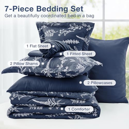 Image of MUXHOMO Navy Blue Full Comforter Set, Elegant Floral Print Bed in a Bag 7 Pieces, Ultra Soft & Breathable Reversible Botanical Pattern Bedding Set with Comforter, Sheets, Pillowcases, and Shams