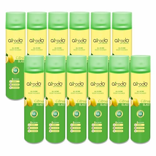 Image of AIRODO Citrus Blast Air Freshener with Dual Technology, Easy Push and Spray, Stain Removal Floral Crush, All in One Room Freshener for Home and Office (250ml, Pack of 12)