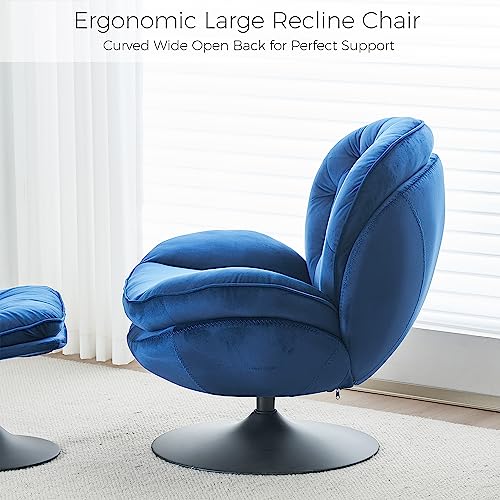 Comfort Stretch Comfy Velvet Swivel Living Room Bedroom Accent Chair With Ottoman, Cozy Recline Lounge Armchair W/Fluffy Round Tufted Back Adult Gift For Small Room Lazy Relax Read Nook Tv, Blue #TOP6