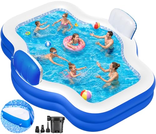 Inflatable Swimming Pool with Seat Pump, 121' X 90' X 22' Blow-Up Pool for Kids Adults Oversized Thickened Kiddie Pool Family Full Sized Inflatable Pools for Garden, Backyard, Outdoor Water Party