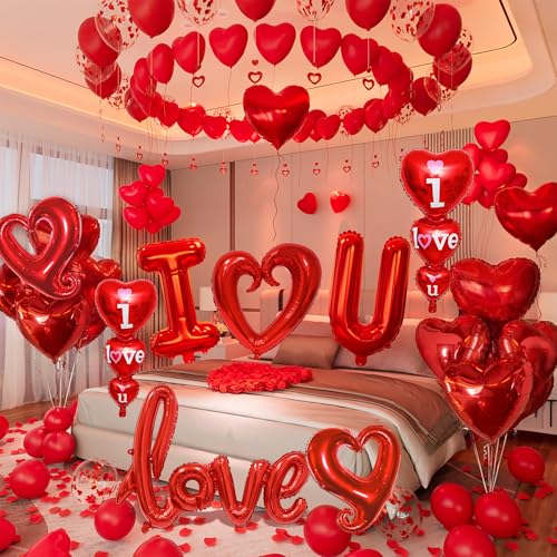 36in I Love You for Her/Him Balloons 1126pcs Happy Anniversary Decorations with Red Heart Confetti Balloons Rose Petals Heart Hanging for Valentines Anniversary Day Wedding Romantic Special Night