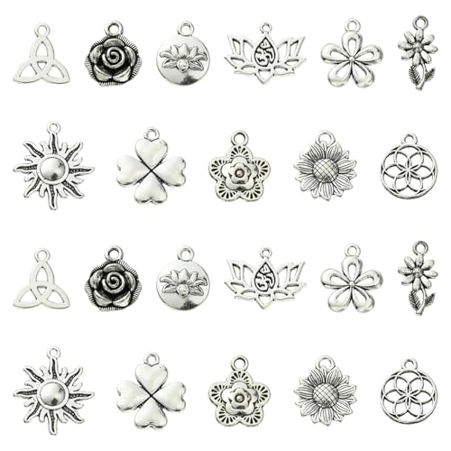 MakemadeDIY 66Pcs Assorted Flower Pendants Charms 11 Styles Antique Silver