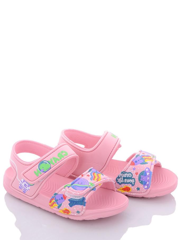 Girls' EVA Foam Summer Sandals, Pink Space Theme, Waterproof Non-Slip Beach Shoes with Adjustable Straps