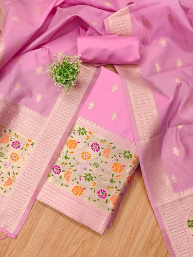 Image of SHANTVAN GALLERY Pure Zari Banarasi Silk Suit Dress Material for Woman Premium Banarasi Dress Materials for Women Unstitched Soft Silk Top Bottom Dupatta Mor Jal Design