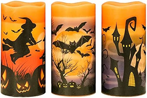Eldnacele Halloween Flameless Flickering LED Candles with 6-Hour Timer, Battery Operated Wax Candles Assorted Decals Witch, Bats, Castle Set of 3 for Decoration