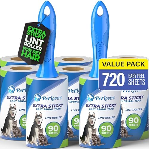 PetLovers Extra Sticky Lint Roller Mega Value Set 720 Sheets for Pet Hair Removal, Dog and Cat Lint Remover 8 Pack