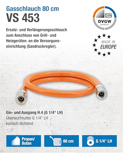 CFH Gasschlauch VS 453 – 80 cm, G 1/4 LH, Ersatz- und Verlängerungsschlauch für LPG/Propan/Butan, für Grill- oder Campinggeräte, DVGW zertifiziert