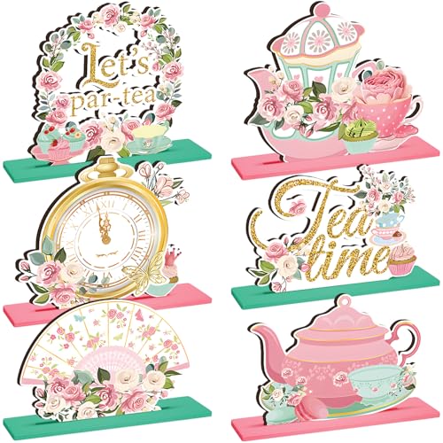 6 Pcs Floral Tea Party Decorations Spring Floral Time Table Wooden Centerpieces Pink Flower Teapot Sign for Baby Shower Princess Birthday Spring Party Wedding